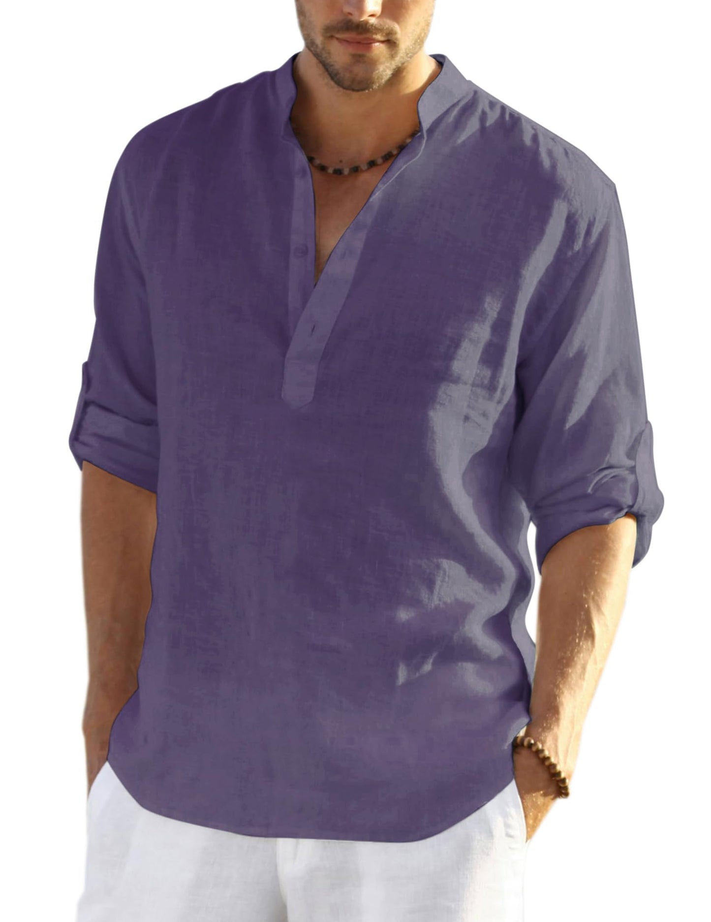 HOTCOOFANDY Men's Cotton Linen Henley T-Shirt Long Sleeve Hippie Casual Beach T-Shirts