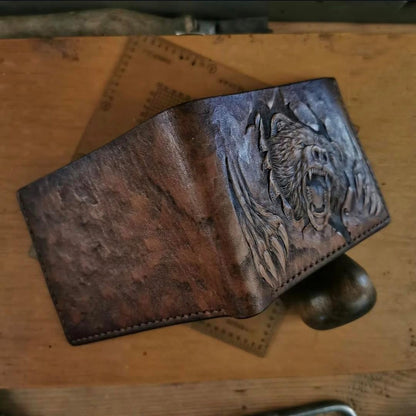 HOTGrizzly, Bear, Forest, Hunter, Hunting, Men's 3D Genuine Leather Wallet, Handmade wallet, Carved wallet, Tooled wallet, Airbrush Art, Bifold wallet, Custom wallet, Personalized wallet, A(30)