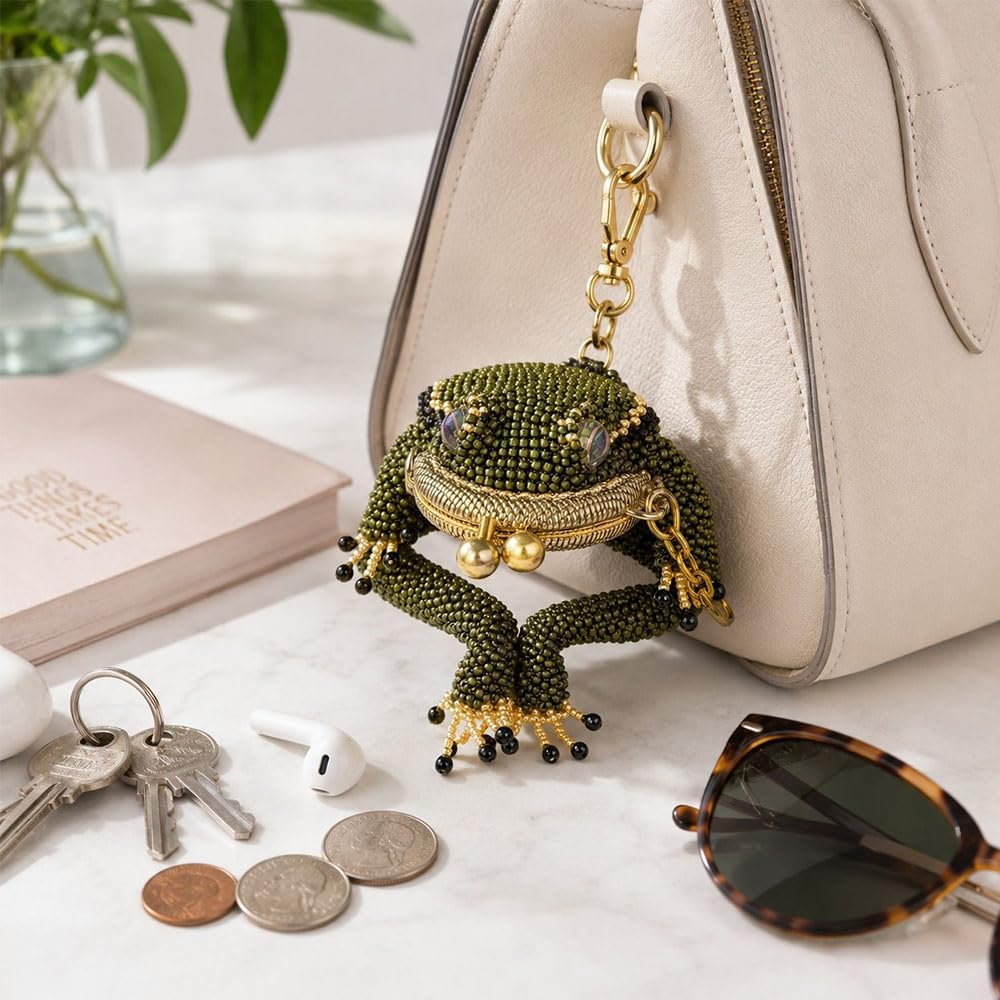 HOTCharming Frog Coin Purse, Cute Beaded Frog Keychain Pouch, Creative Kiss Lock Art Purse crafts, Coins & Small Items, Fun Gifts for Friends Colleagues