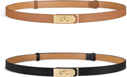 HOTWomen’s Skinny Leather Belt with Gold or Silver Turn-Lock Buckle – Adjustable Thin Belt for Dresses, Office & Wedding