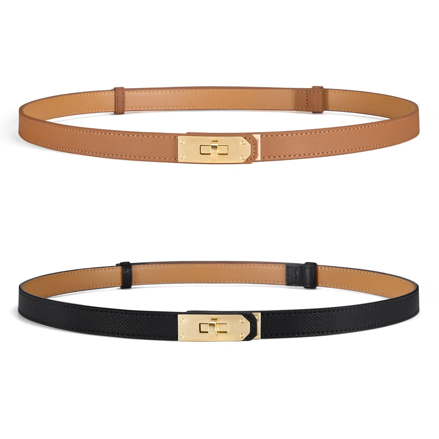HOTWomen’s Skinny Leather Belt with Gold or Silver Turn-Lock Buckle – Adjustable Thin Belt for Dresses, Office & Wedding