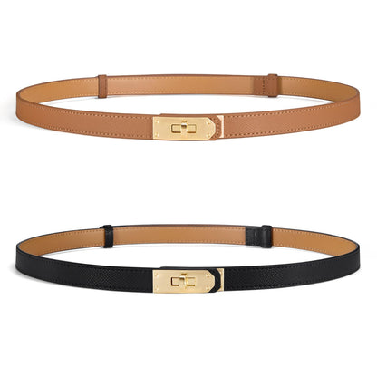HOTWomen’s Skinny Leather Belt with Gold or Silver Turn-Lock Buckle – Adjustable Thin Belt for Dresses, Office & Wedding