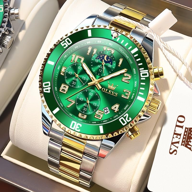 HOTOLEVS Watches Men Waterproof Luxury Big Face Mens Watch Stainless Steel Day Date Quartz Analog Dress Watches for Men Luminous Reloj para Hombres (Green/Blue/Black/Gold)