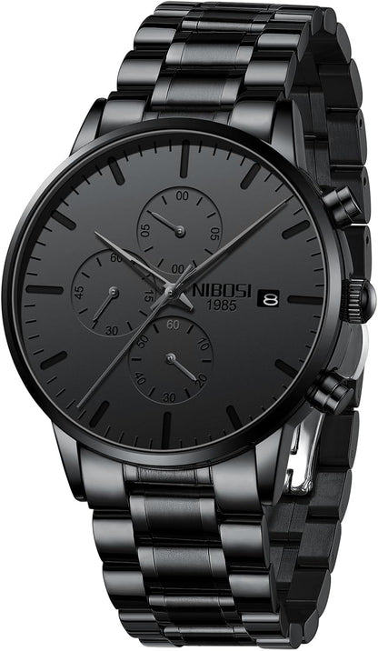 HOTNIBOSI Men's Analog Chronograph Watch, Minimalist Black Dial with Date | Waterproof Stainless Steel Strap, Business Fashion Casual Quartz Wrist Watches for Men