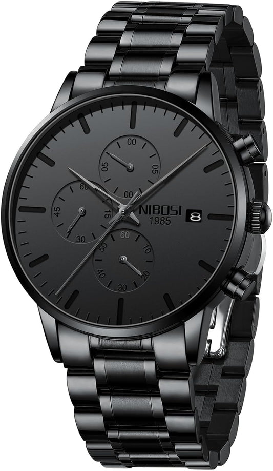 HOTNIBOSI Men's Analog Chronograph Watch, Minimalist Black Dial with Date | Waterproof Stainless Steel Strap, Business Fashion Casual Quartz Wrist Watches for Men