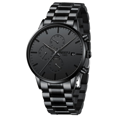 HOTNIBOSI Men's Analog Chronograph Watch, Minimalist Black Dial with Date | Waterproof Stainless Steel Strap, Business Fashion Casual Quartz Wrist Watches for Men