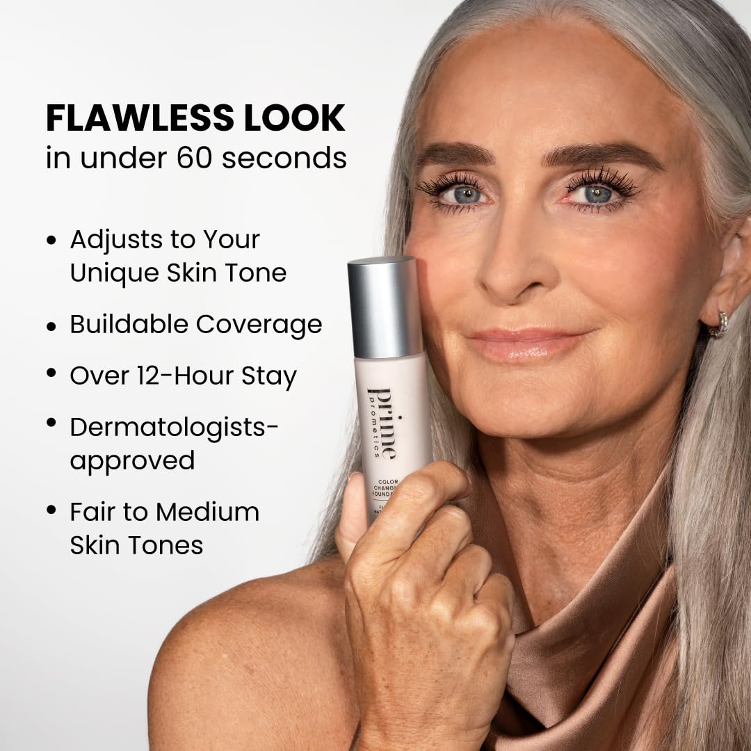 HOTPrime Prometics Color Changing Foundation for Mature Women – Instantly Adapts to Your Skin Tone – Buildable Light-to-Medium Coverage – 12-Hour Wear – Natural Dewy Finish – Hypoallergenic