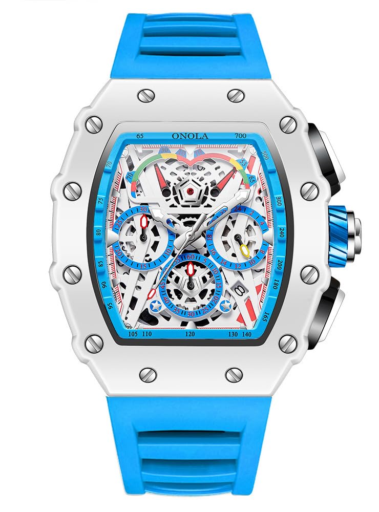 HOTFANMIS Fashion Hollowed Men Watches Tonneau Skeleton Dial Big Face 30M Water Resistant Chronograph Casual Watch with Silicone Strap Multifunctional Outdoor Sports Watch for Men’s