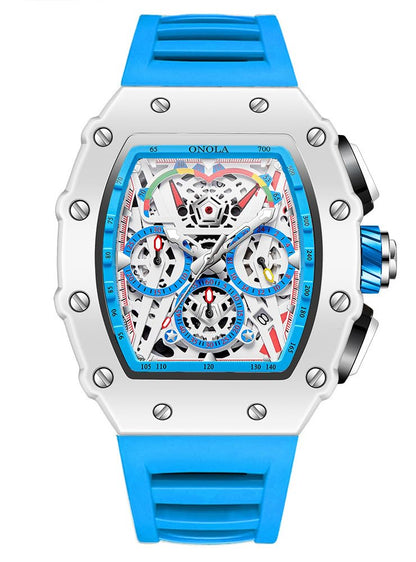 HOTFANMIS Fashion Hollowed Men Watches Tonneau Skeleton Dial Big Face 30M Water Resistant Chronograph Casual Watch with Silicone Strap Multifunctional Outdoor Sports Watch for Men’s