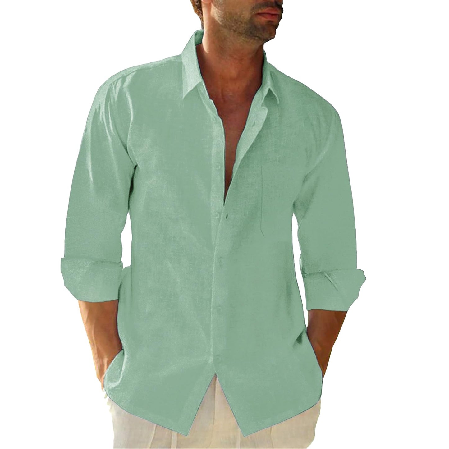 HOTJEKAOYI Button Down Linen Shirts for Men Casual Long Sleeve Regular Fit Cotton Beach Shirts with Pocket