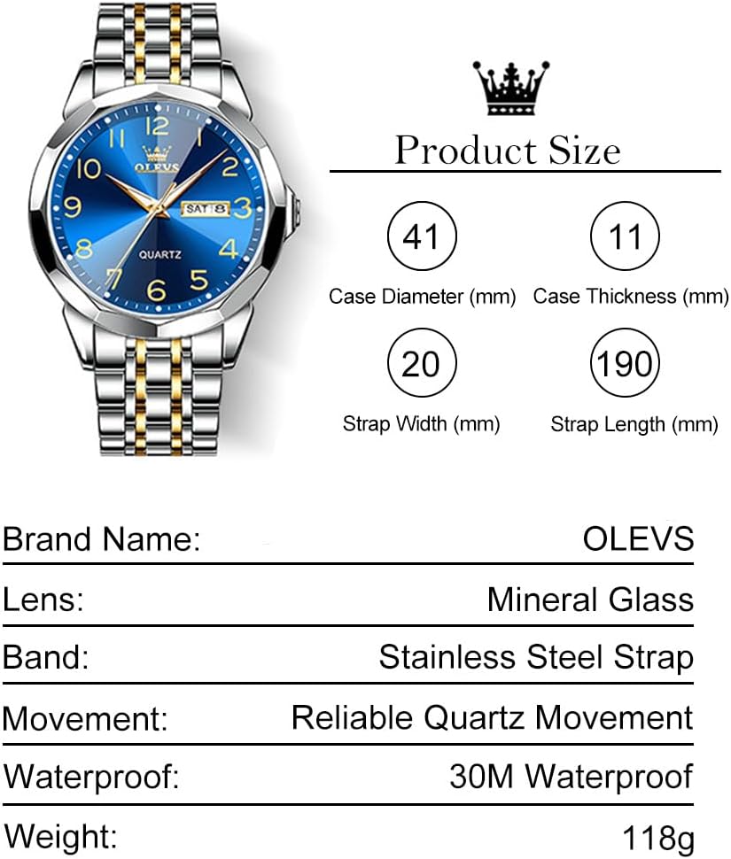 HOTOLEVS Men's Casual Stainless Steel Watch, Big Face Easy to Read Analog Quartz Watch with Day and Date, Classic Waterproof Diamond Roman Arabic Numeral Dial Dress Watch for Men, Gold Silver Black Band