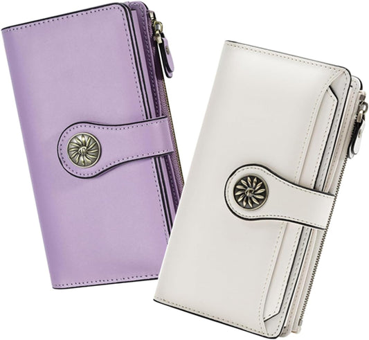 HOTTravelambo Wallets Women RFID Large Capacity Luxury Waxed Leather Clutch Wallet Multi Card Organizer(Light Purple + Beige)