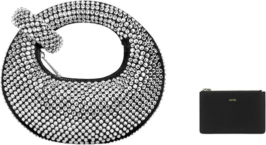 HOTJW PEI Abacus Artificial Crystal Mini Top Handle Bag - Black Quinn Zipped Card Holder- Black Grained