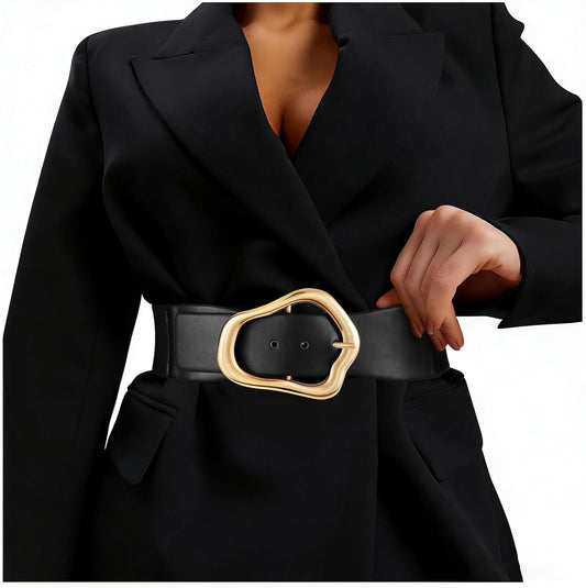 HOTXZQTIVE Women Wide Elastic Waist Belt for Dresses Fashion Big Gold Buckle Stretchy Leather Waistband for Ladies