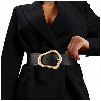HOTXZQTIVE Women Wide Elastic Waist Belt for Dresses Fashion Big Gold Buckle Stretchy Leather Waistband for Ladies