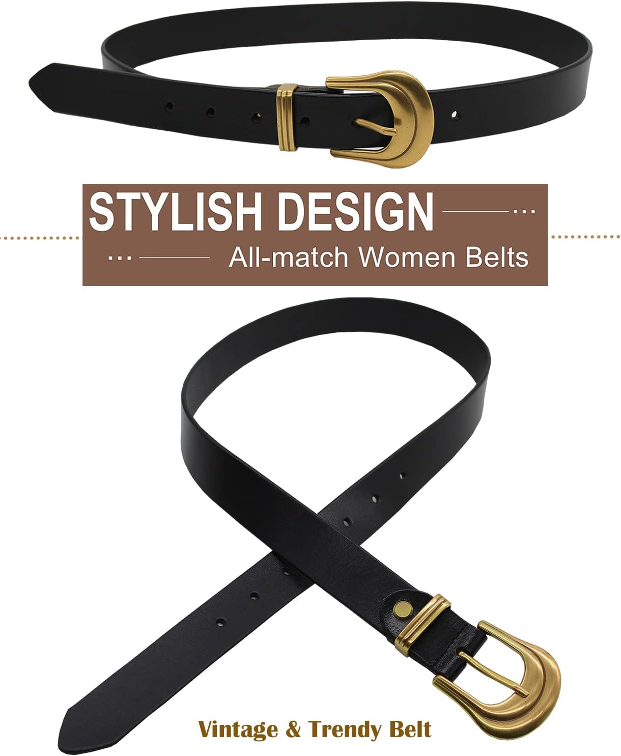 HOTALAIX Women's Belt Western Belts Silver Gold Buckle Black Leather Belt Pants Jeans Belts for Women