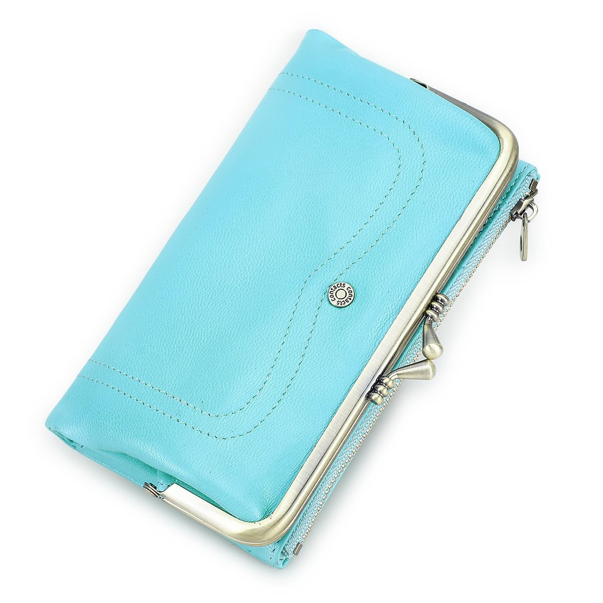 HOTCONTACTS Full Grain Goat Leather Kiss Lock Wallet for Women Vintage Clutch Wallet with Rfid Blocking Zipper Coin Purse (Red)