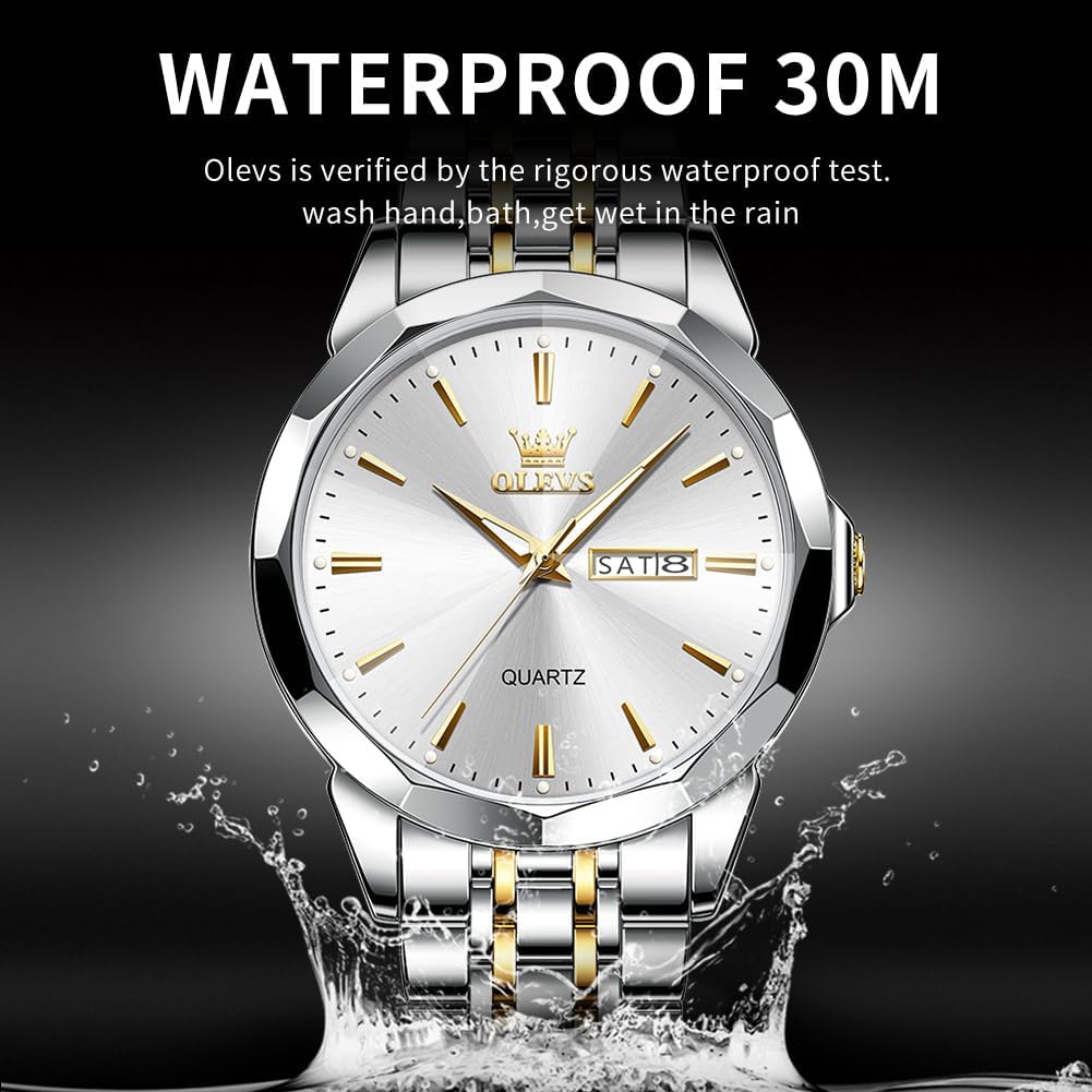 HOTOLEVS Watch for Men Diamond Business Dress Analog Quartz Stainless Steel Waterproof Luminous Date Two Tone Luxury Casual Wrist Watch Blue