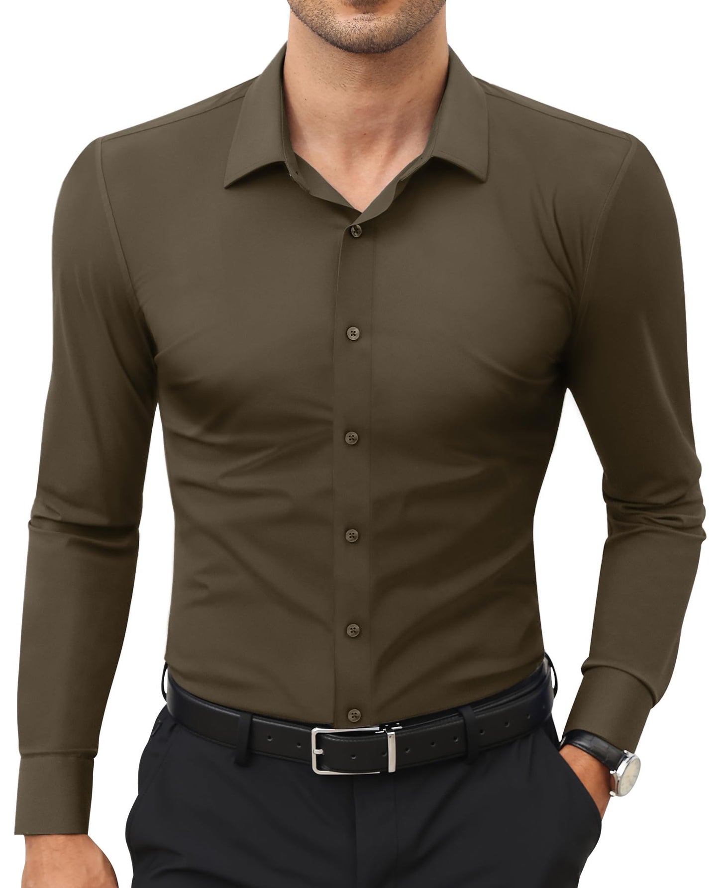 HOTLion Nardo Stretch Mens Dress Shirts Long Sleeve Slim Fit Dress Shirts for Men Muscle Fit Wrinkle Free Button Down Shirt