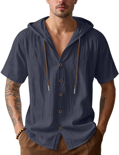 HOTMen's Cotton Linen Shirts Short Sleeve Casual Sweatshirts Button Down Summer Beach Wedding Shirts with Hoodies
