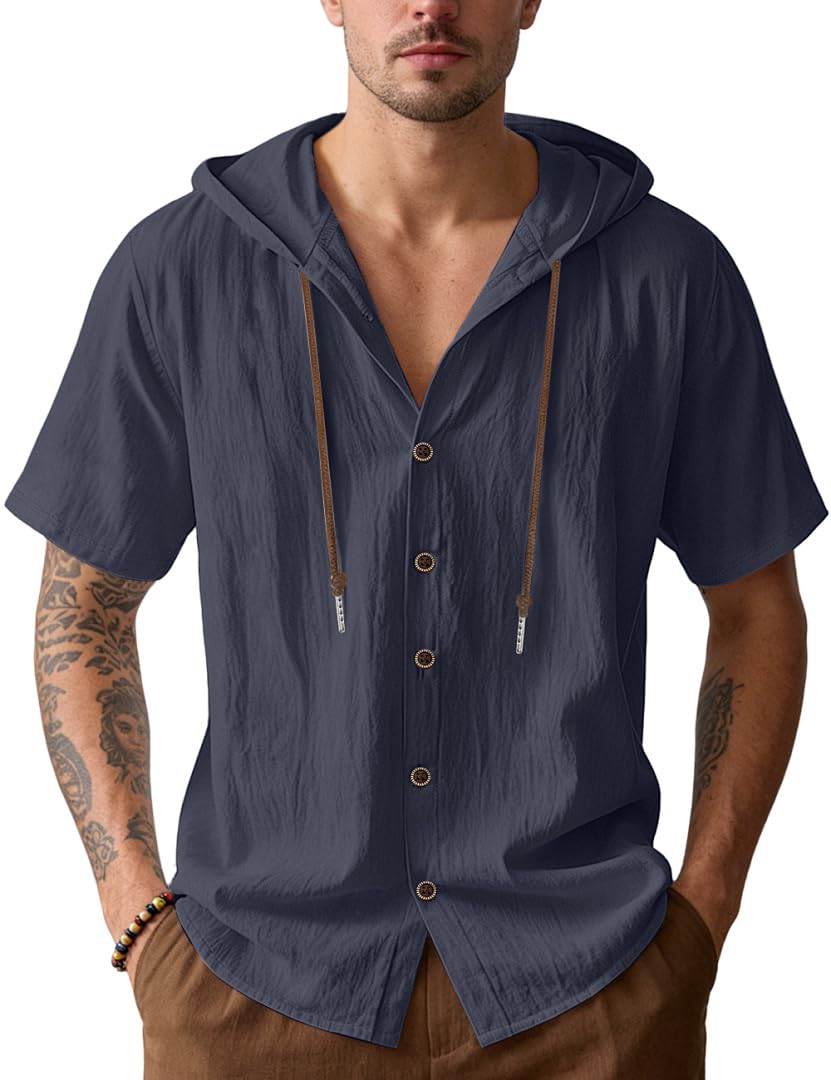 HOTMen's Cotton Linen Shirts Short Sleeve Casual Sweatshirts Button Down Summer Beach Wedding Shirts with Hoodies