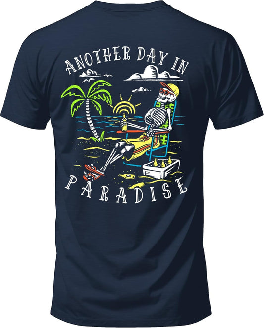 HOTSalty Bones Another Day in Paradise Tropical Beach Graphic T-Shirt, 100% Ringspun Cotton, Classic Fit,Printed in USA
