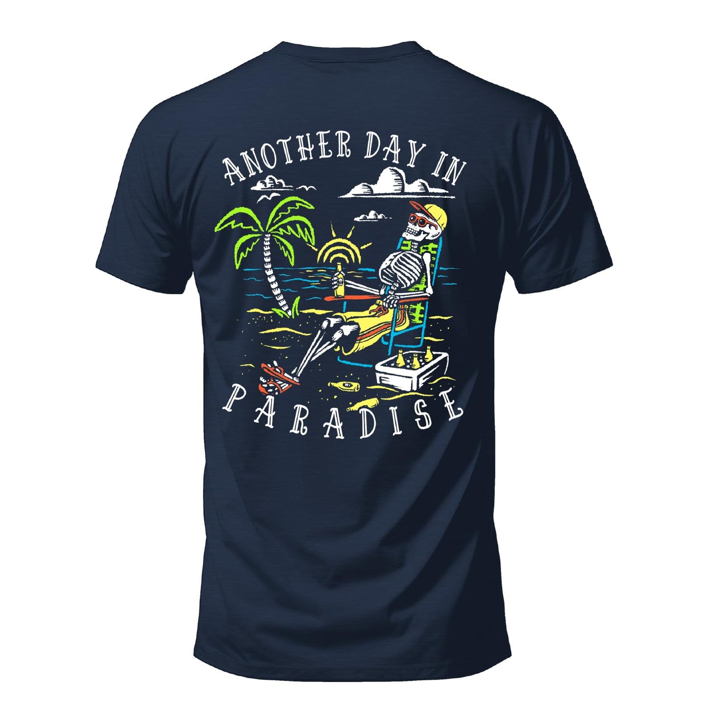 HOTSalty Bones Another Day in Paradise Tropical Beach Graphic T-Shirt, 100% Ringspun Cotton, Classic Fit,Printed in USA