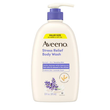 HOTAveeno Stress Relief Body Wash, Lavender Scent with Nourishing Prebiotic Oat, Sensitive Skin Body Wash for Normal to Dry Skin, Paraben-, Dye-, and Soap-Free, Value Size 33 Fl Oz