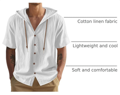HOTMen's Cotton Linen Shirts Short Sleeve Casual Sweatshirts Button Down Summer Beach Wedding Shirts with Hoodies