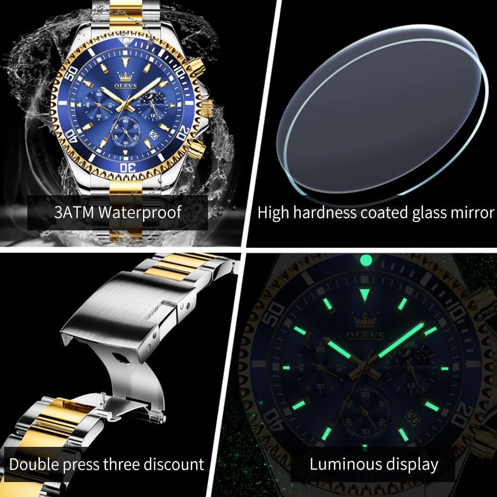 HOTOLEVS Men's Waterproof Watches Stainless Steel Waterproof Chronograph Wrist Watches Luxury Dress White Luminous Big Face Analog Quartz Male Watches