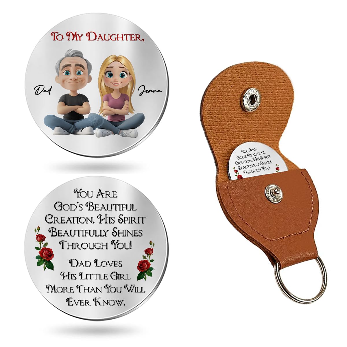 HOTWrappiness Pocket Hug from Dad to Daughter – Custom Coin with Leather Case, Personalized Token Gift for Daughter from Father