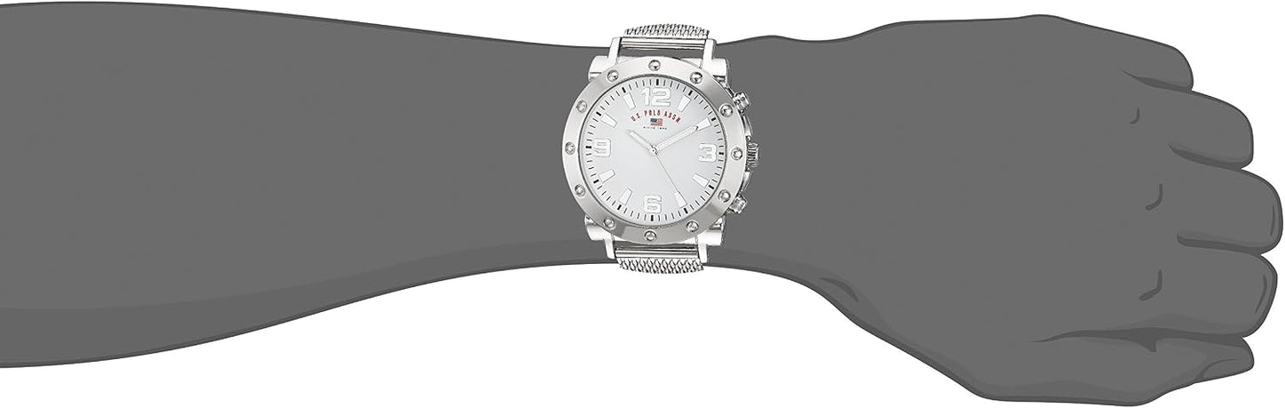 HOTU.S. Polo Assn. Men's Silver Mesh Watch – Classic Analog Quartz Timepiece with Bold Bezel Detailing, White Dial & Textured Strap – 48mm Case – Fits Wrists 5.5" to 8"
