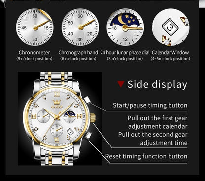 HOTOLEVS Watch for Men Diamond Business Dress Analog Quartz Stainless Steel Waterproof Luminous Date Two Tone Luxury Casual Wrist Watch Blue