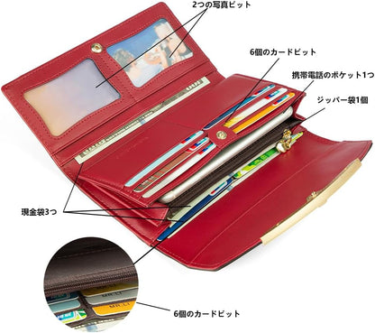 HOTWallet Women's Genuine Leather Long Three Fold Wallet Bright Leather Large Capacity Buckle, Circled Embossed Pattern, RFID and Magnetic Anti Theft (Wine Red)