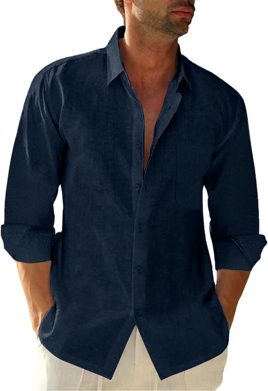 HOTJEKAOYI Button Down Linen Shirts for Men Casual Long Sleeve Regular Fit Cotton Beach Shirts with Pocket
