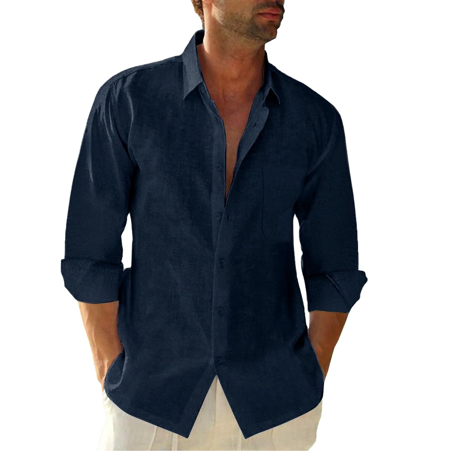 HOTJEKAOYI Button Down Linen Shirts for Men Casual Long Sleeve Regular Fit Cotton Beach Shirts with Pocket