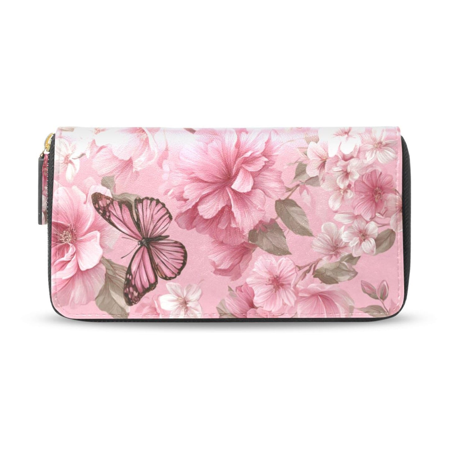 HOTWomens Long Leather Wallet Zip Around Clutch Purse Large Capacity Card Holder Organizer Pink Grid Roses