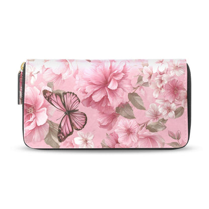HOTWomens Long Leather Wallet Zip Around Clutch Purse Large Capacity Card Holder Organizer Pink Grid Roses
