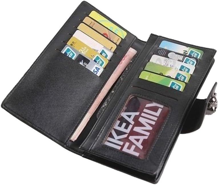 HOTShinywear Women's Black Long Skull Studded Purses Genuine Leather Card Holder Wallet