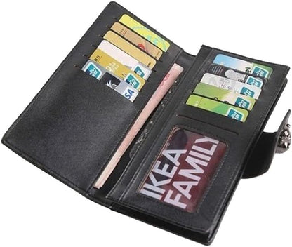 HOTShinywear Women's Black Long Skull Studded Purses Genuine Leather Card Holder Wallet