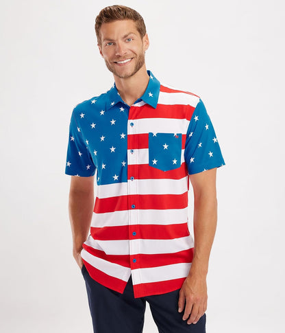 HOTTipsy Elves Patriotic Shirts for Men - USA Short Sleeve Button Up American Flag Shirts for Men for 4th of July