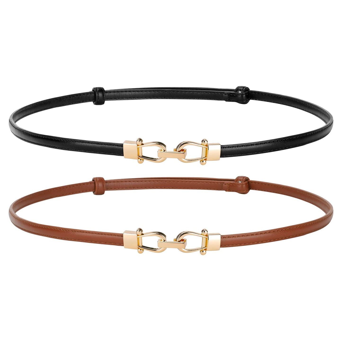 HOTJASGOOD Leather Skinny Belts for Women Plus Size Ladies Thin Waist Belts Adjustable for Jeans Pants Dresses with Gold Buckle