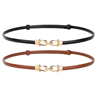 HOTJASGOOD Leather Skinny Belts for Women Plus Size Ladies Thin Waist Belts Adjustable for Jeans Pants Dresses with Gold Buckle
