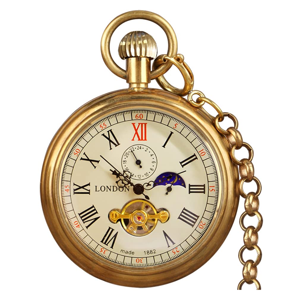 HOTVIGOROSO Men's Vintage Full Copper Hand-Wind Mechanical Second&24hours Sub-dials Pocket Watch in Box
