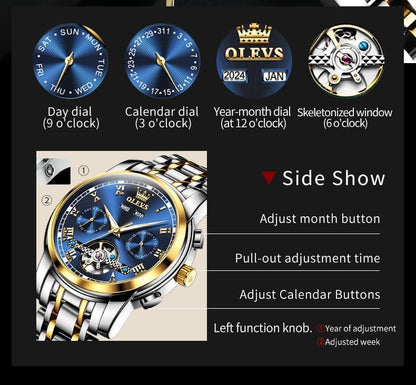 HOTOLEVS Self Winding Watches for Men Automatic Mechanical Dress Tourbillon Stainless Steel Dual Calendar Waterproof Luminous Wrist Watch