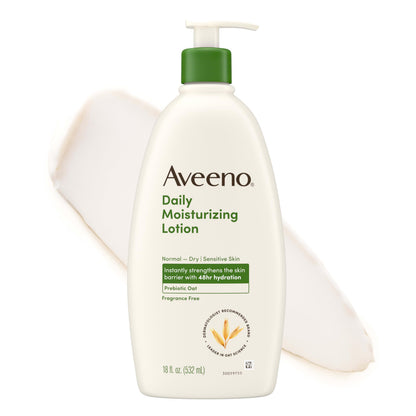 HOTAveeno Daily Moisturizing Body Lotion for Normal to Dry Skin with Soothing Prebiotic Oat, Non Greasy, Non Comedogenic, Fragrance Free Body Lotion for Women & Men, 18 fl oz