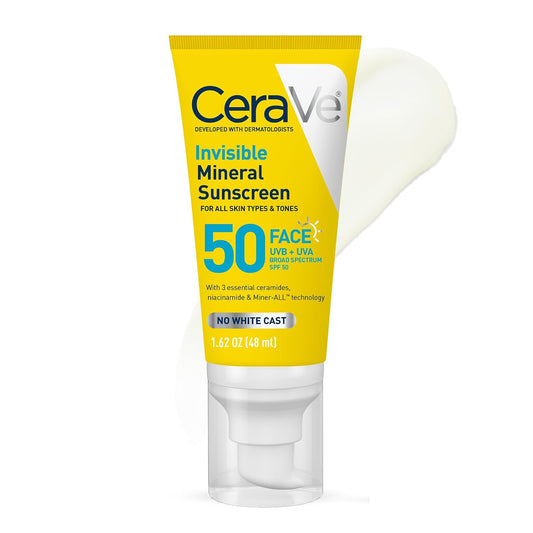 HOTCeraVe Invisible Mineral Sunscreen SPF 50, Face Sunscreen for Sensitive Skin With Zinc Oxide & Titanium Dioxide, Vitamin E + Niacinamide + Ceramides, Oil Free, Travel Size 1.62 oz