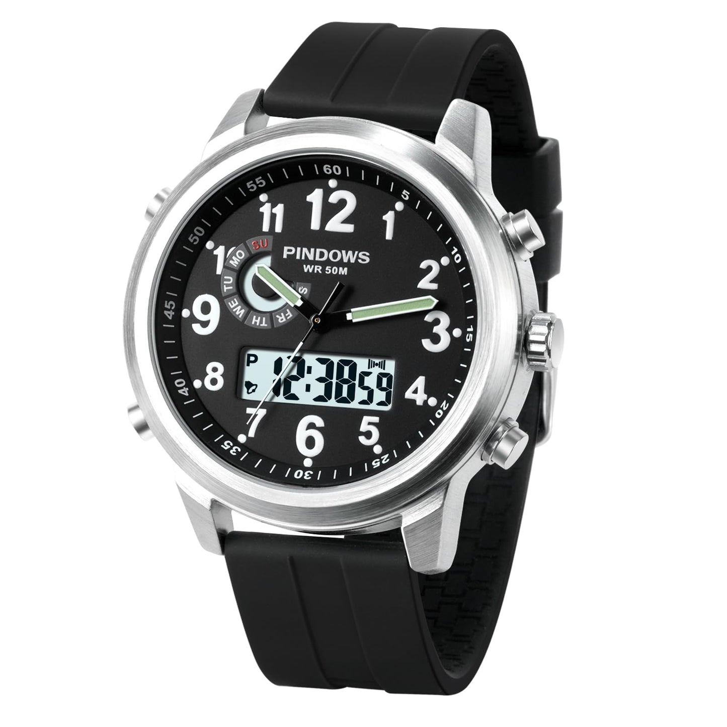 HOTPINDOWS Mens Digital Analog Watches, Multifunction Sport Casual | Dual time display, bright night backlight, daily alarm, precision stopwatch, and splash-proof construction
