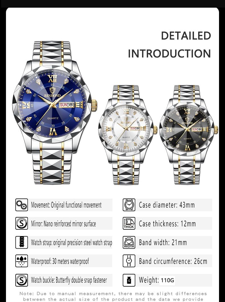 HOTGosasa Luxury Men's and Women's Business Diamond Stainless Steel Waterproof Roman Numeral Analog Quartz Watch with Day-Date Calendar, Gold and Silver Tone