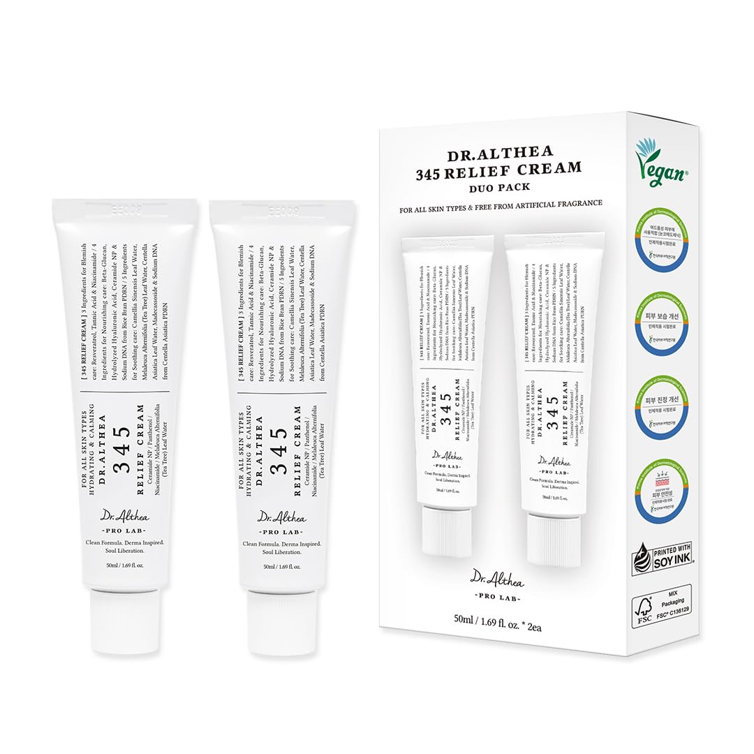 HOTDr.Althea 345 Relief Cream, Korean Skincare, 1.69 Fl Oz (Ver.2 - Pack of 2) | PDRN, Hyaluronic Acid for Instant Hydration, Blemish, Post-Acne Vegan Face Moisturizer, Non-comedogenic